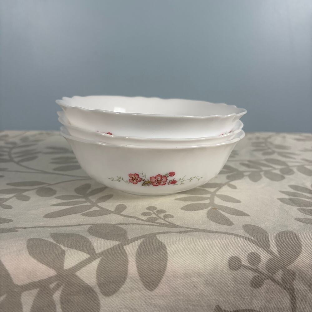 Vintage Arcopal Florentine Bowls Set of 3 Pink Floral French Opal Glass 6¼